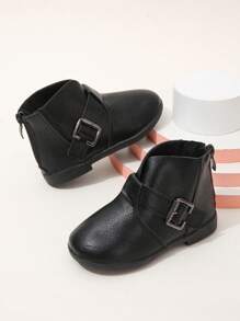 寶寶秋冬時尚休閒戶外扣飾平底靴 - 黑色 - 查看 1