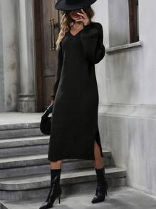 SHEIN Clasi 落肩袖下擺開叉毛衣洋裝不附腰帶 - 黑色 - 查看 6