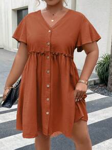 Vionelle Plus Button Front Flounce Sleeve Frill Trim Smock Dress - Rust Brown - View 5