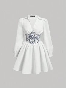 SHEIN MOD Floral Print Shirred Waist Dress - White - View 1
