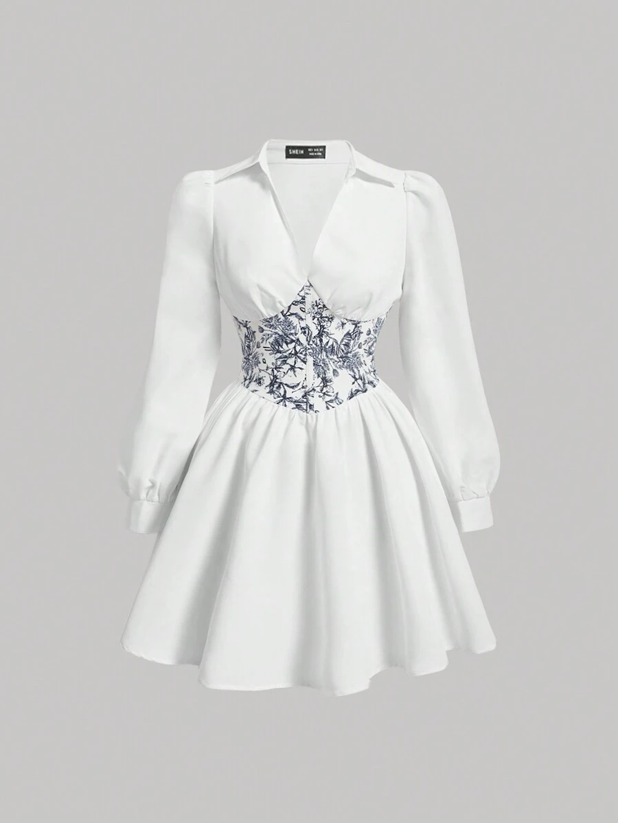 SHEIN MOD Floral Print Shirred Waist Dress - White - View 1