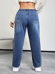 SHEIN EZwear 大碼高腰破洞媽媽牛仔褲 - 深色水洗藍 - 查看 2