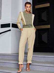 Sollinarry 地球印花上衣和斜口袋褲子 - 卡其色 - 查看 1