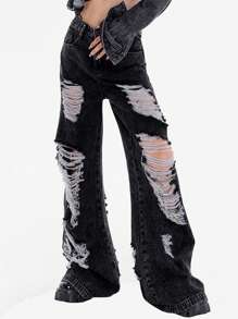 Ripped Wide Leg Jeans - Black - View 1