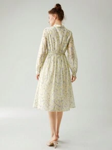 Anewsta Ditsy Floral Print Button Front Shirt Dress - Yellow - View 2