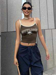 DAZY Letter Graphic Contrast Binding Cami Top - Brown - View 5
