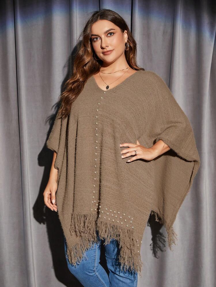 Plus Faux Pearls Beaded Fringe Trim Batwing Sleeve Sweater Knit Pullover Fall Winter Sweater