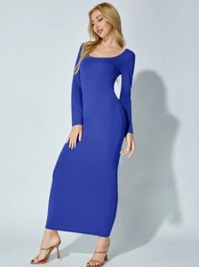 SHEIN BASICS Vestido ajustado unicolor de cuello scoop - azul real - Ver 4