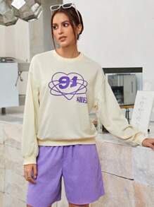 SHEINNeu 字母和卡通圖案落肩袖套頭衫 - 黃色 - 查看 3