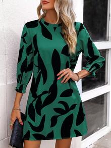 SHEIN Clasi Allover Print Lantern Sleeve Tunic Dress - Green - View 3