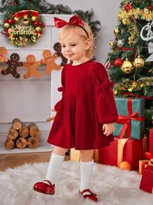 SHEIN Baby Girl Bow Front Lantern Sleeve Dress for Christmas "Mommy&Me"(3 pieces are sold separately)