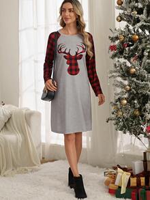 EMERY ROSE 聖誕麋鹿&格子圖案插肩袖T恤洋裝