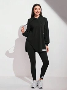 Mulvari 拼接细节开衩下摆连帽衫和打底裤两件套 - 黑色 - 查看 1