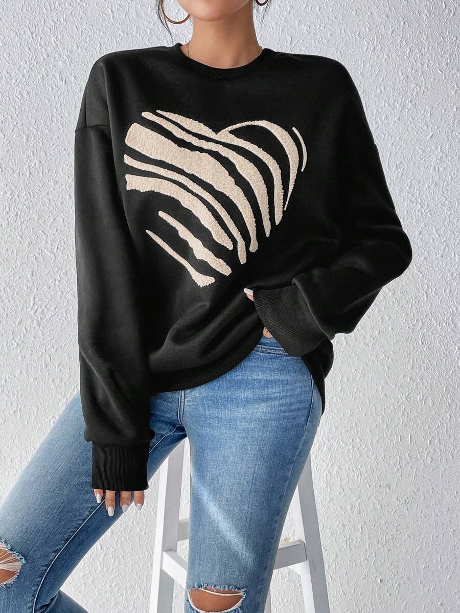 SHEIN Frenchy Heart Print Drop Shoulder Sweatshirt - Black - View 1