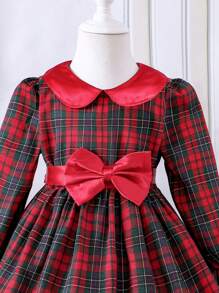 SHEIN Young Girl Tartan Print Peter Pan Collar Bow Front Dress for Christmas - Red - View 4