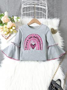 SHEIN Young Girl Butterfly Print Flounce Sleeve Tee & Ripped Patched Jeans