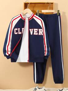 SHEIN 男孩字母圖案插肩袖條紋飾邊飛行員夾克和運動褲不帶T恤 - 彩色 - 查看 1