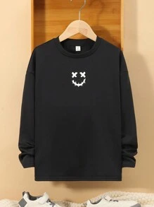 SHEIN 男孩表情圖案落肩T恤 - 黑色 - 查看 1
