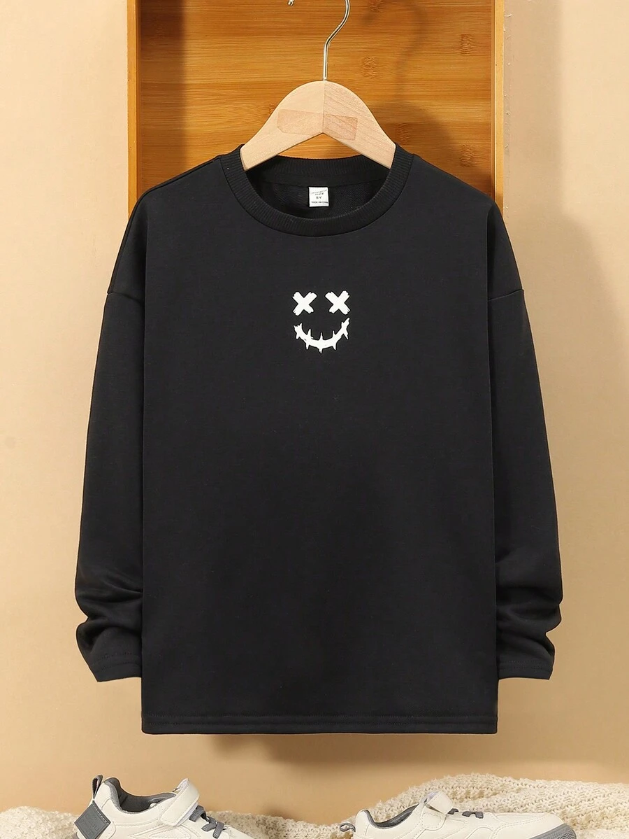 SHEIN 男孩表情圖案落肩T恤 - 黑色 - 查看 1