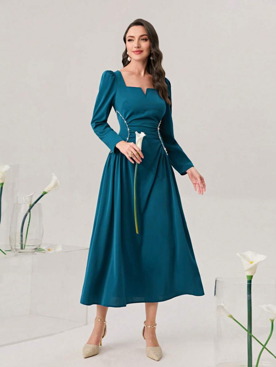 Modelyn Sweetheart Neck Puff Sleeve Ruched Front Formal Dress - Teal Blue - View 1