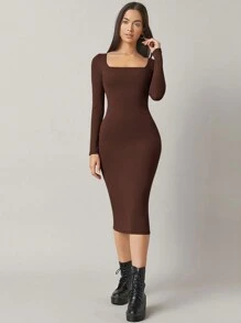 SHEIN BASICS 方領素色緊身洋裝 - 咖啡棕 - 查看 6