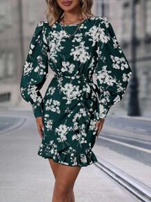 SHEIN Clasi Floral Print Knot Side Ruffle Trim Wrap Hem Dress