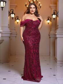 SHEIN Belle Burgundy Red Plus Off Shoulder Sequin Formal Dress - Burgundy - View 6