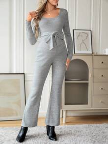 SHEIN 孕婦素色腰帶喇叭連身褲 - 杏色 - 查看 3