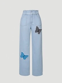 青少年女孩蝴蝶圖案直筒牛仔褲 - 淺色水洗藍 - 查看 1