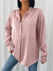 SHEIN Cottnline Solid Button Front Drop Shoulder Shirt - وردي صدئ - مشاهدة 5