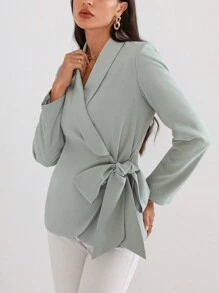 SHEIN Privé Blazer de cuello esmoquin cruzado con nudo lateral - Azul Cadete - Ver 7