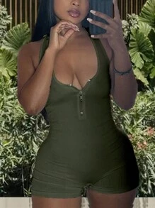 SHEIN Half Zip Ribbed Knit Unitard Romper - Army Green - View 1