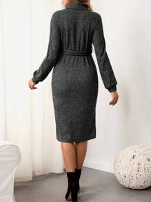 SHEIN 孕婦高領落肩袖下擺開叉繫腰帶洋裝 - 黑色 - 查看 2