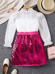 SHEIN 女大童前蝴蝶結襯衫&半身裙 - 玫紅色 - 查看 2