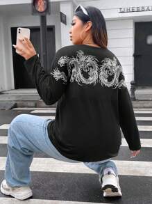Flirla Plus Chinese Dragon Print Drop Shoulder Tee - Multicolor - View 5