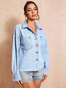 SHEIN BAE 落肩袖口袋貼布牛仔夾克 - 淺色水洗藍 - 查看 4