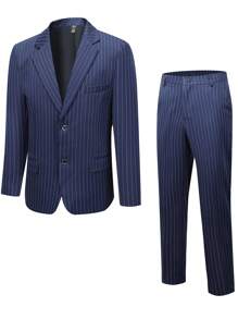 Manfinity Mode Men Striped Print Blazer & Suit Pants - Navy Blue - View 1