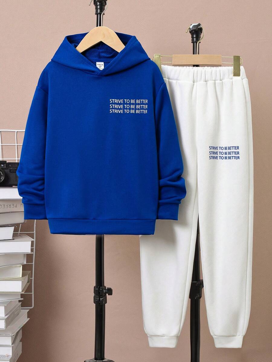 SHEIN Tween Boy Slogan Graphic Thermal Lined Hoodie & Sweatpants - Blue and White - View 1