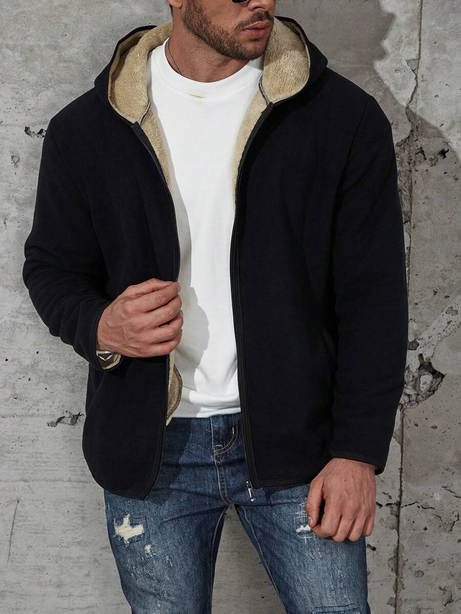 Manfinity Homme Men Plus Zip Up Hooded Teddy Lined Jacket - Black - View 1