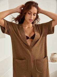 Bohemela 捲邊袖闊腿連體褲 - 卡其色 - 查看 4