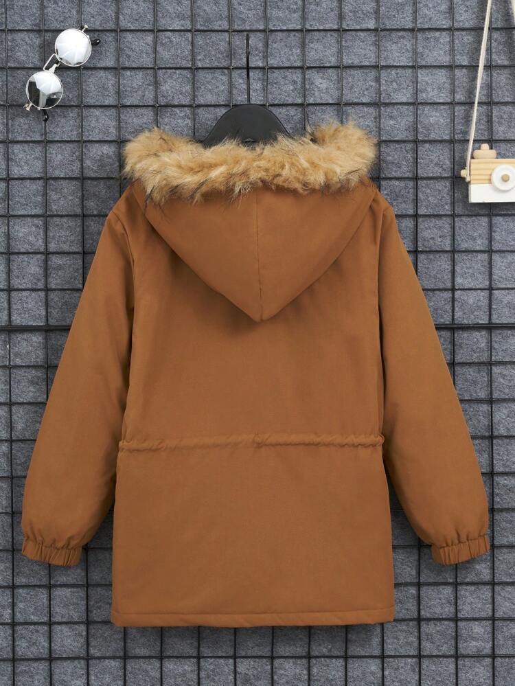 Tween Boy Letter Patched Detail Fuzzy Trim Hooded Parka Coat Without Sweater