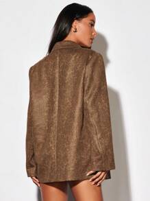 SHEIN BAE 秋冬复古棕色做旧纹理皮革宽松西装外套 - 棕色 - 查看 2
