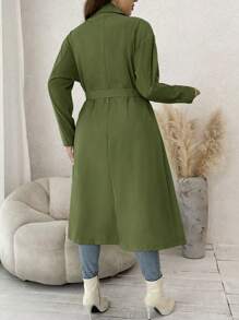 Calvaya Plus Lapel Neck Double Breasted Belted Trench Coat - Army Green - View 2