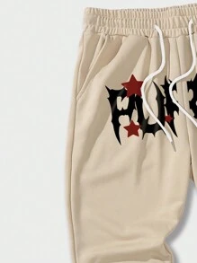 ROMWE MEN Guys Cross & Letter Graphic Drawstring Waist Sweatpants - Khaki - View 5