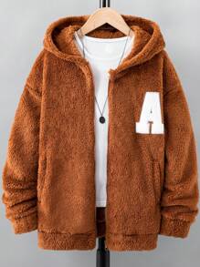 男大童字母貼布落肩袖連帽絨毛外套不帶T恤 - 棕色 - 查看 1