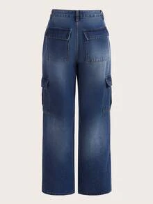 SHEIN MOD Drawstring Waist Flap Pocket Side Cargo Jeans - Medium Wash - View 2
