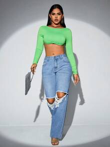 SHEIN SXY 破洞直筒牛仔褲 - 淺色水洗藍 - 查看 4