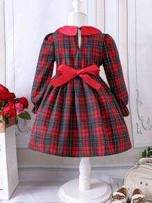 SHEIN Young Girl Tartan Print Peter Pan Collar Bow Front Dress for Christmas - Red - View 2