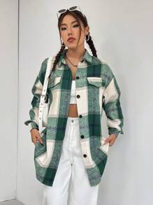 SHEIN Unity Plaid Print Drop Shoulder Flap Detail Overcoat - Green - View 4