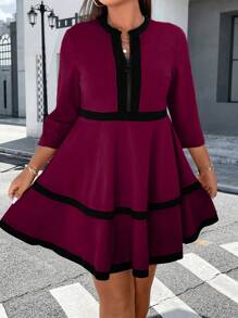 Celure Plus Contrast Trim Notched Neckline Ruffle Hem Dress - Burgundy - View 6